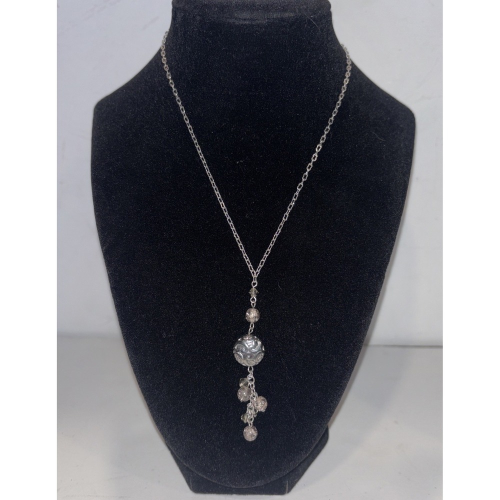 Vintage Y2K Antiqued Silver Drop Necklace 18" Faceted Beads